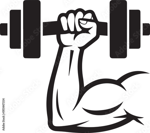 Bicep flexing muscle holding dumbbell weight demonstrating successful physical power and athletic success lifting weights