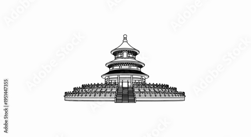 Black and white line drawing of a multi-tiered, circular traditional building