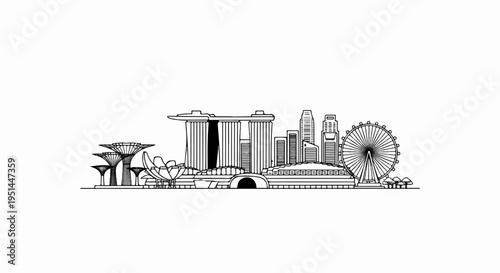 Black and white sketch of a modern city skyline with distinctive structures and a Ferris wheel