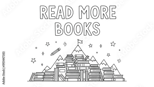 Read more books, the gateway to growth. An illustrative depiction of towering books forming a mountain with a triumphant flag at its peak, conveying the power of knowledge and learning. 