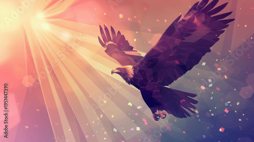 Soaring eagle silhouette in sunlight rays artistic illustration conceptual design