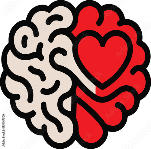 Brain split in half with one side representing logical thinking and other side showing heart and love symbol, depicting emotional intelligence.