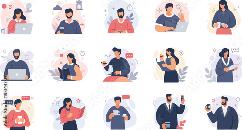 Diverse group of professionals engaged in various work and leisure activities