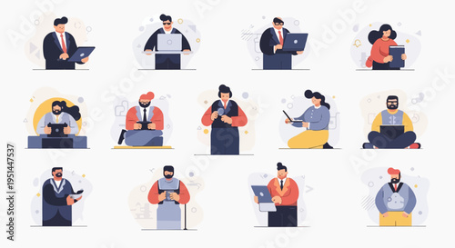 Diverse group of professionals engaged in various digital activities