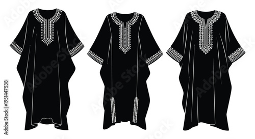 Three black kaftans with intricate white embroidery are displayed creating a striking visual contrast silhouette high quality professional detailed modern