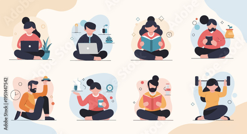 Diverse people engage in various leisure and work activities while seated