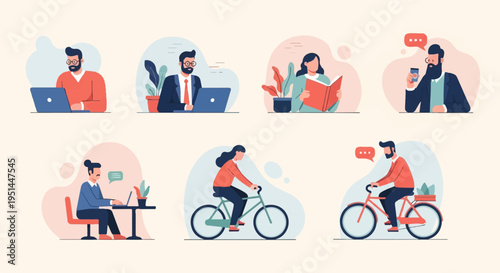 Diverse people engaged in modern life activities work, cycling, and reading