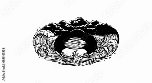 Lifebuoy amidst crashing waves and stormy clouds
