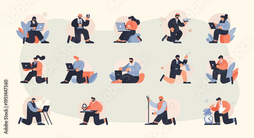 Diverse individuals engaged in various digital activities and tasks