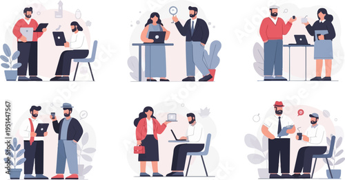 Diverse individuals collaborating in professional settings with technology