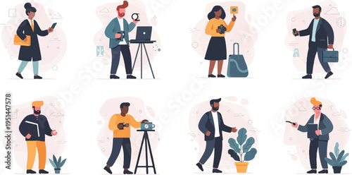 Diverse individuals engaged in various professional activities with modern flat design
