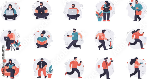 Flat illustrations of people working, reading, and active