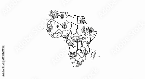 Map of Africa outlined with various plant illustrations within country borders