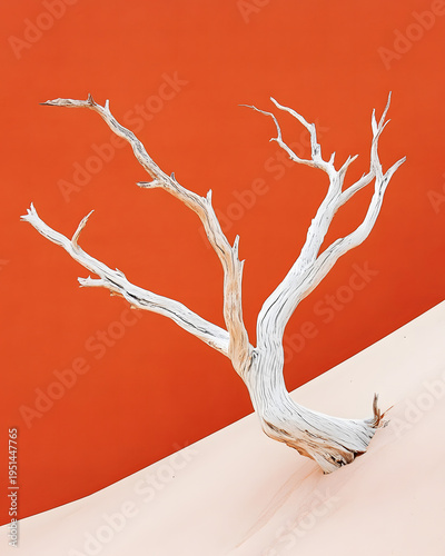 Minimal dead tree on desert sand abstract drought climate change concept