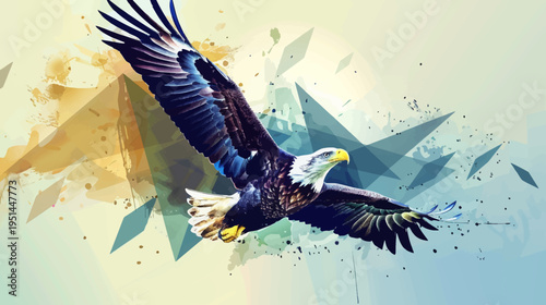 Majestic eagle soaring with outstretched wings against abstract geometric background