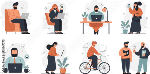 People working and commuting with laptops, bikes, and coffee cups