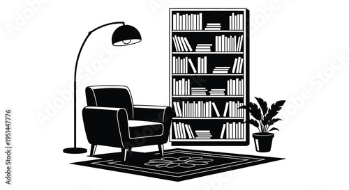 A cozy reading nook with a comfortable armchair bookshelf lamp and potted plant presented as a silhouette high quality professional detailed