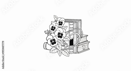Illustration of books with pansies and ornate embellishments
