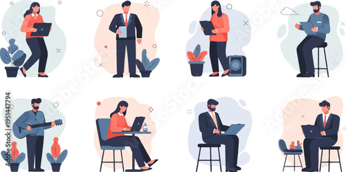 Diverse individuals engaged in various tasks like working, playing music, and relaxing