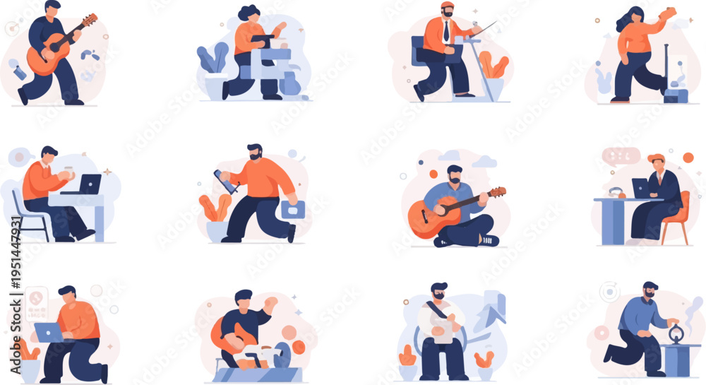 Fototapeta premium Twelve diverse individuals engaged in various activities, from playing instruments to using technology