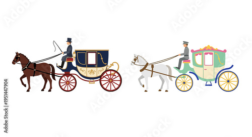 Two ornate horse drawn carriages with drivers and horses are illustrated