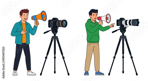 Two men with cameras and megaphones illustrating broadcasting or content creation