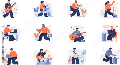 Twelve diverse individuals engaged in various activities, from playing instruments to using technology