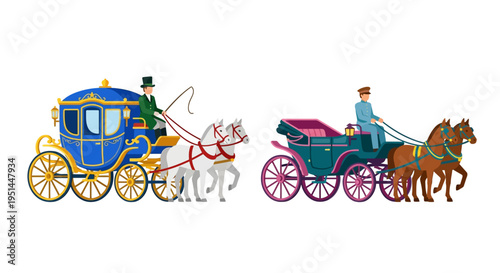 Elegant horse drawn carriages with drivers travel along a white background