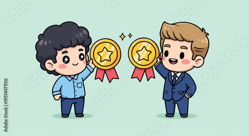 Two cartoon businessmen holding gold star awards with ribbons in a cheerful, minimalist setting.