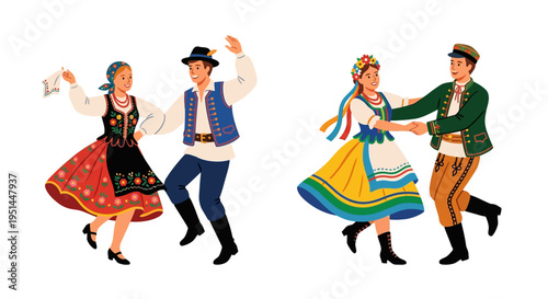 Four people in traditional folk costumes joyfully dancing together