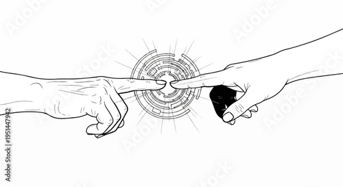 Two hands reaching out, fingers nearly touching a digital circle