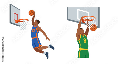 Two basketball players in mid air attempting layups during a game