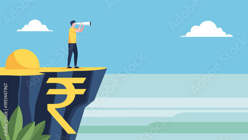 Vector illustration of man in yellow shirt standing on rupee cliff with binoculars gazing at distant horizon