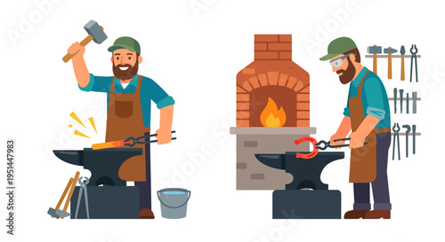 A blacksmith working at a forge shaping hot metal with tools