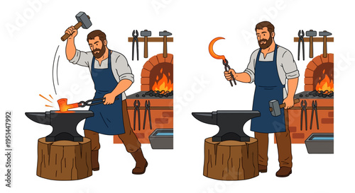 A blacksmith working at a forge shown in two different poses