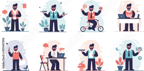 Eight diverse scenes of a man engaged in various activities with a modern artistic flair