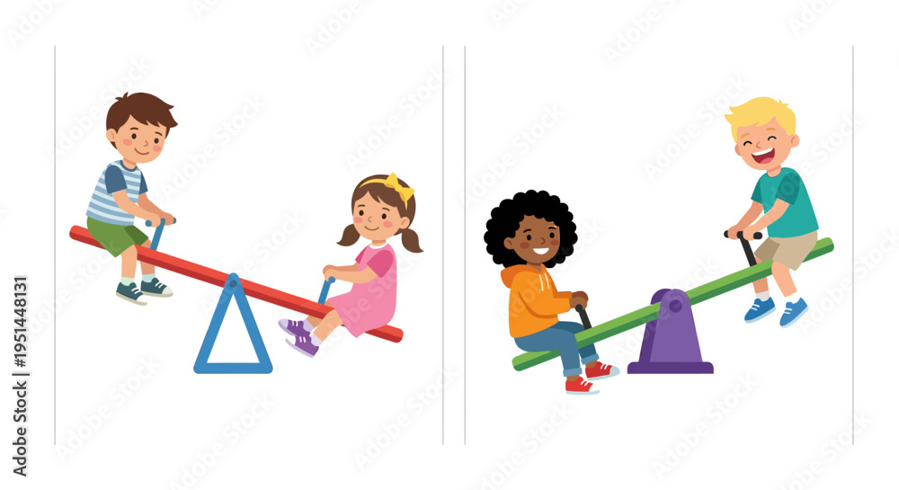 Fototapeta premium Children playing on a colorful seesaw in a cheerful outdoor scene