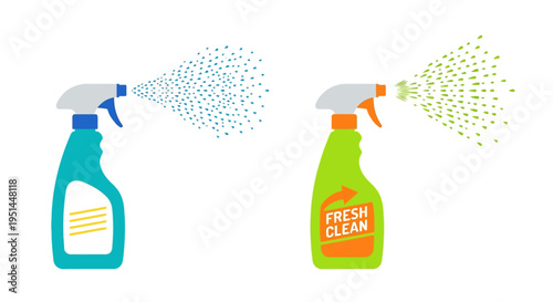 Two spray bottles emitting liquid blue and green cleaning solutions