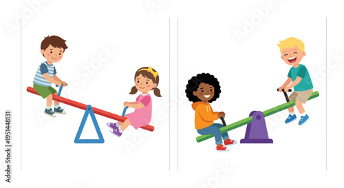 Children playing on a colorful seesaw in a cheerful outdoor scene
