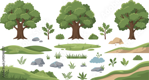 Forest Landscape Tree and Grass Icon Set with Rocks Bushes and Natural Elements