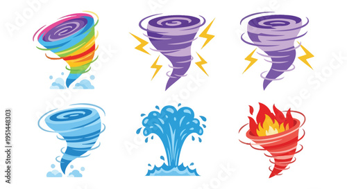 A colorful depiction of various weather phenomena including tornadoes waterspouts and fire whirls presented as a silhouette high quality professional detailed
