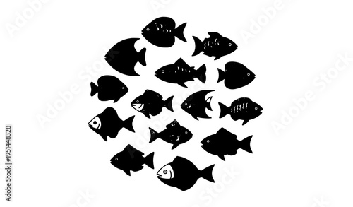 Colorful flat fish icon set arranged in circle seafood vector collection isolated on white background