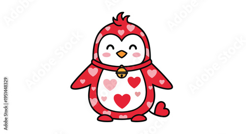 A cute cartoon penguin wearing a red heart-patterned hood with hearts on its belly against a clean white background.