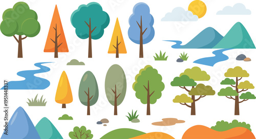 Flat Nature Landscape Illustration Set with Trees River Mountains Clouds and Sun Elements
