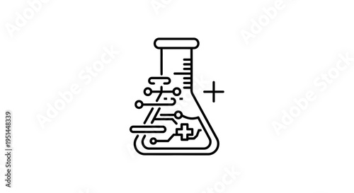 Biotechnology innovation concept: Flask with circuit board and plus sign, science technology