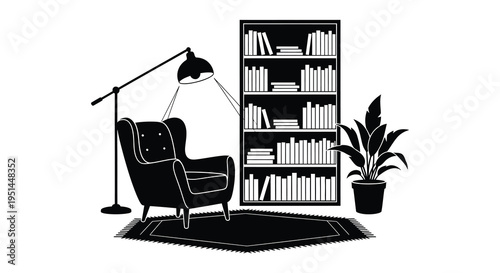 A cozy reading nook featuring an armchair floor lamp bookshelf and plant rendered as a striking silhouette high quality professional detailed