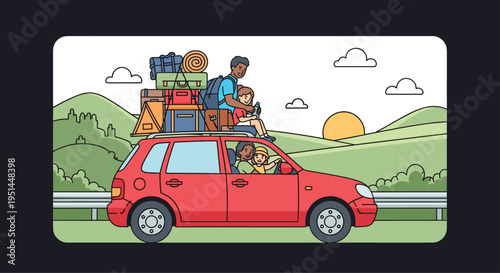 Family travels in a red car loaded with luggage and camping gear on a scenic road trip during a beautiful sunset.