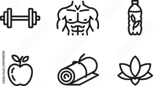 Fitness and healthy lifestyle icons set featuring dumbbell apple water bottle yoga mat and lotus flower