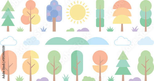 Pastel Nature Tree Icon Set with Minimal Landscape Clouds Sun and Hills Elements