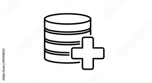 Database icon with plus sign, representing data addition, storage growth, or new database creation.